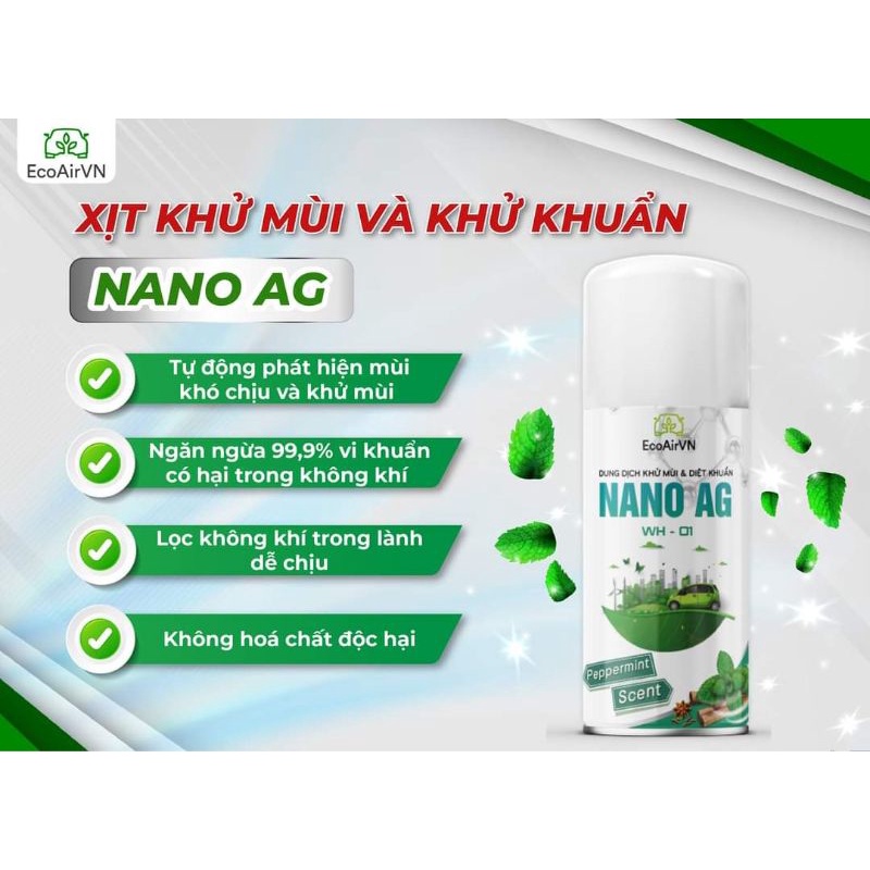 Chai xịt khử mùi Nano bạc 160 ml gas- EcoAirVN- Lifetechstore