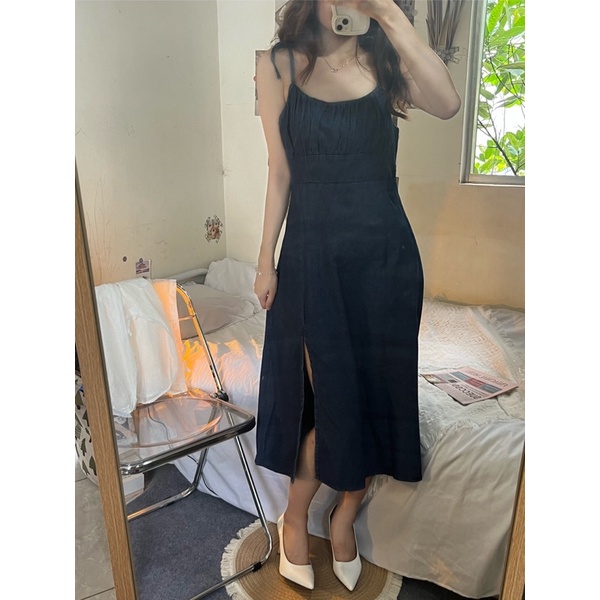 Váy yếm jean, bò dáng chữ A dài phong cách Hàn taobao order