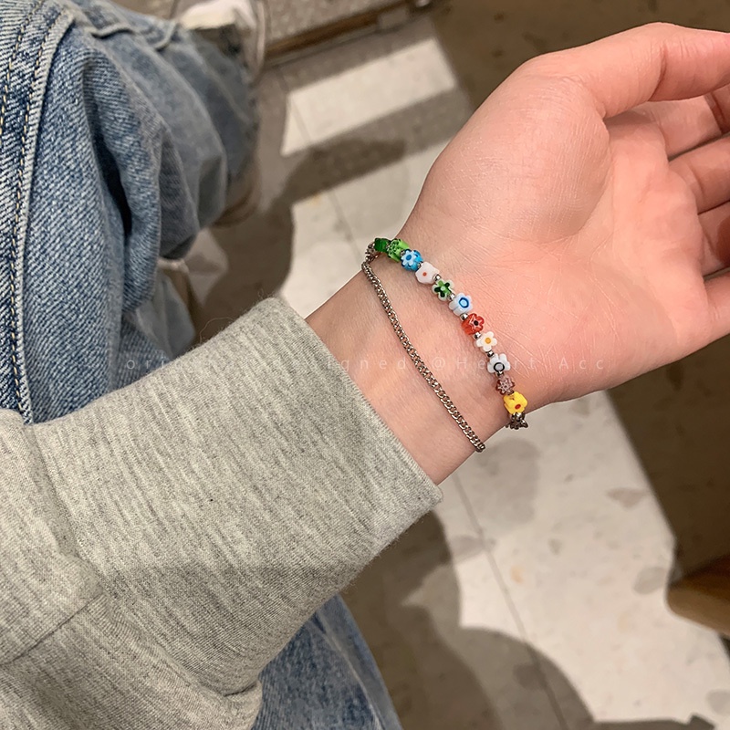 Vòng Tay Hai Lớp Đính Hoa Tua Rua Thời Trang Hàn Quốc