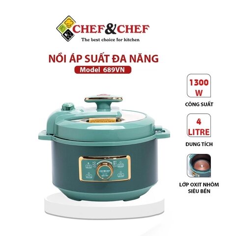 Nồi áp suất đa năng CHEF&CHEF 689VN - Hầm thịt, nấu lẩu, súp, cơm - Tặng kèm nắp kính nấu lẩu - Chính hãng BH 12 tháng