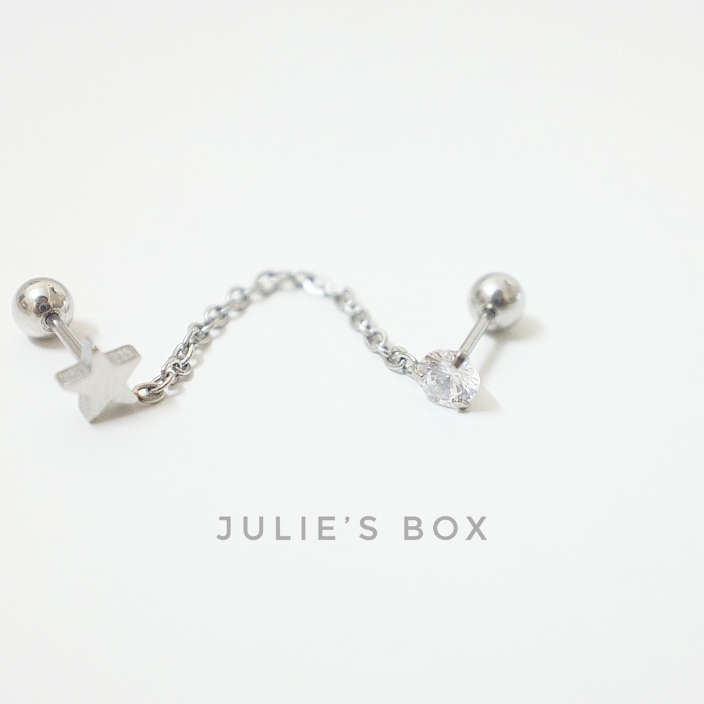Khuyên Tai 2 Lỗ Xỏ 1 Đá Tròn 1 Ngôi Sao Dây Nối Đuôi Bi Dây Xích Không Đen Không Gỉ Sét Julies Box