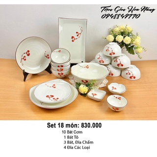 Bộ Bát Đĩa Cherry Đỏ Bát Tràng