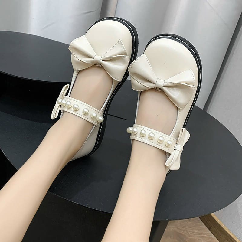 Giày lolita gắn nơ quai ngang đính ngọc siêu xinh - màu đen/kem | BigBuy360 - bigbuy360.vn