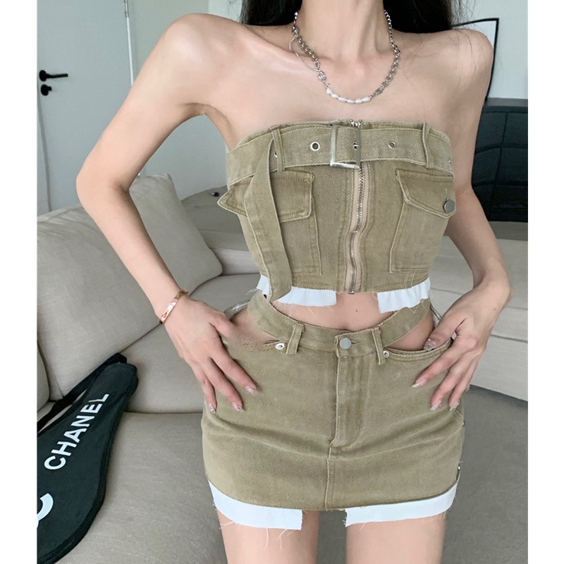 Set Áo Ống Denim + Chân Váy Lưng Cao Thiết Kế Quyến Rũ Thời Trang Mùa Hè