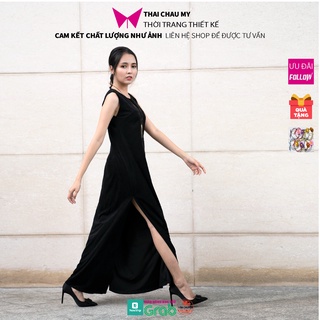 Đầm dự tiệc maxi đẹp đi biển vải nhung đen, đầm suông dài thời trang công sở Thái Châu Mỹ