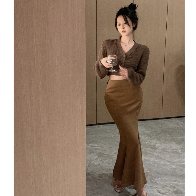 Set Áo Khoác Cardigan Dệt Kim Cổ Chữ V Dài Tay + Chân Váy Lưng Cao Thời Trang Nữ