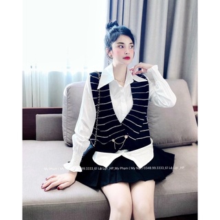 set áo len gile kèm áo sơ mi cho nữ
