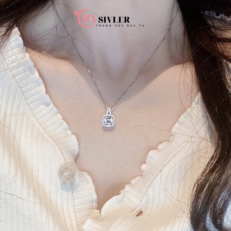Dây chuyền bạc nữ CHY SILVER dạng xù kim sa mặt đá vuông đính đá bạc ta