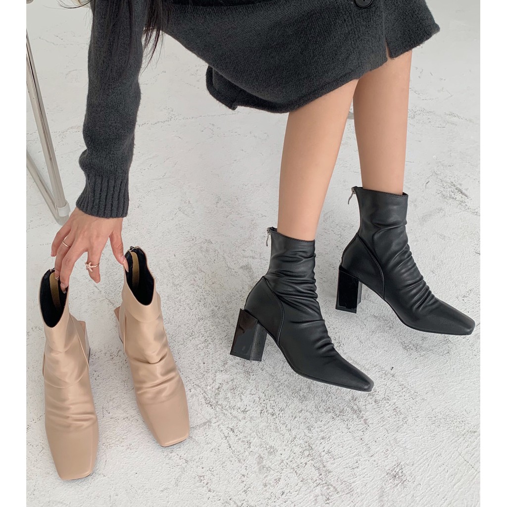 Giày bốt nữ cổ cao da nhăn mới - boot nữ 2 màu đen &amp; kem, kéo khóa sau, đế cao 7 phân, boots nữ ulzzang hàn quốc 2020
