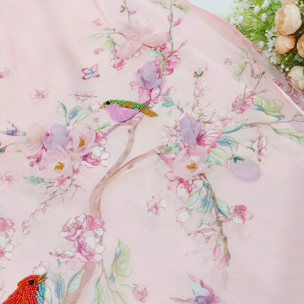 Áo dài cách tân nữ màu hồng nhạt in hoa dịu dàng - A16