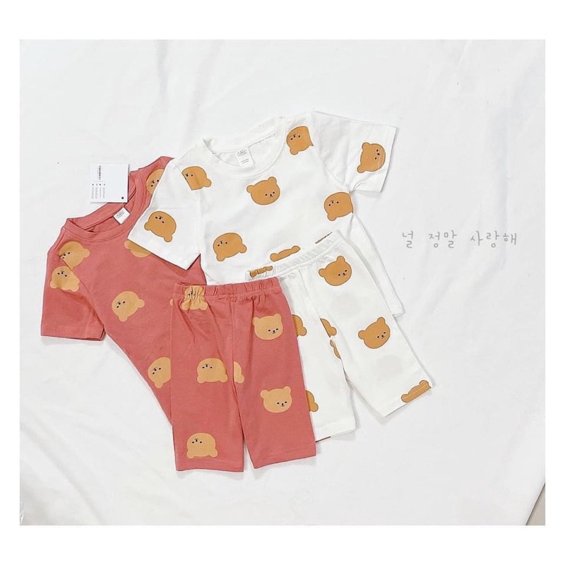Bộ Bé Gái , Bộ Cộc Tay Hình Gấu Xinh Xắn Cotton Mát 2 Màu Trắng - Hồng - Nhà Cam