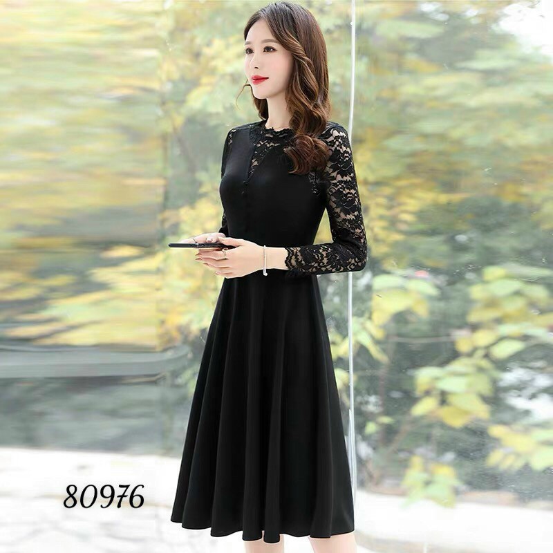 Đầm váy nữ trung niên dự tiệc dạo phố dài tay phối ren màu đen đỏ lịch lãm