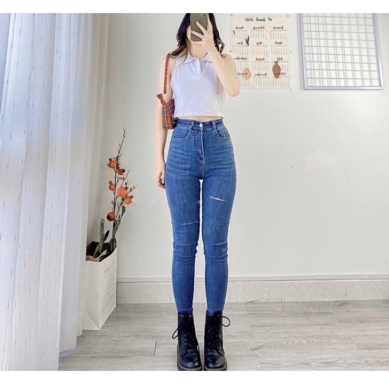 [Bigsize 32-36] Quần Jean Skinny Xanh Đậm Rách Sole Ngang, Lưng Siêu Cao, Co Giãn Mạnh