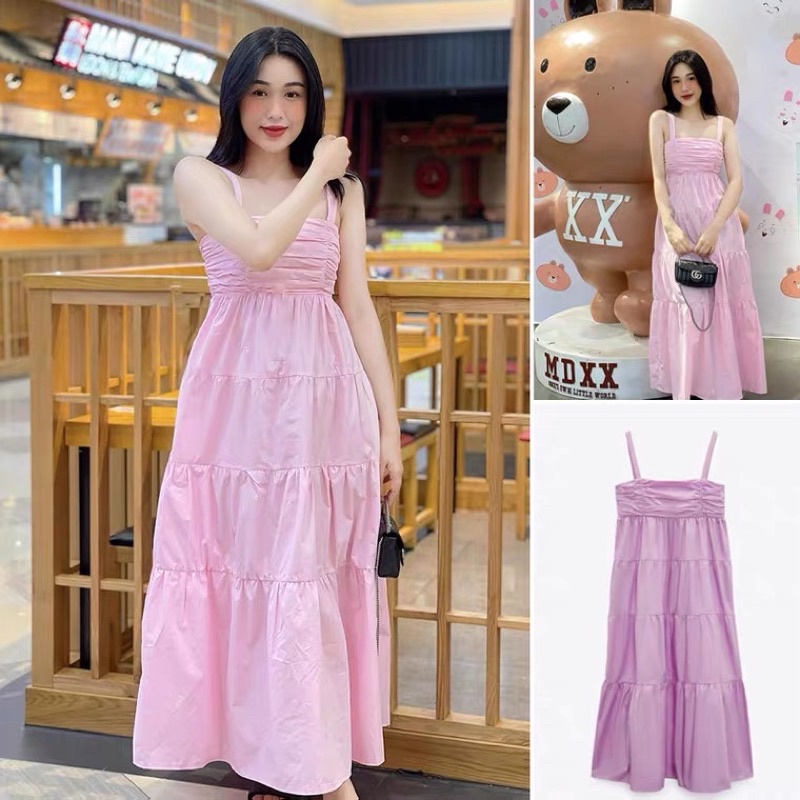 Đầm dây ZA maxi dáng dài bo chun cháy dáng xoè chất kate