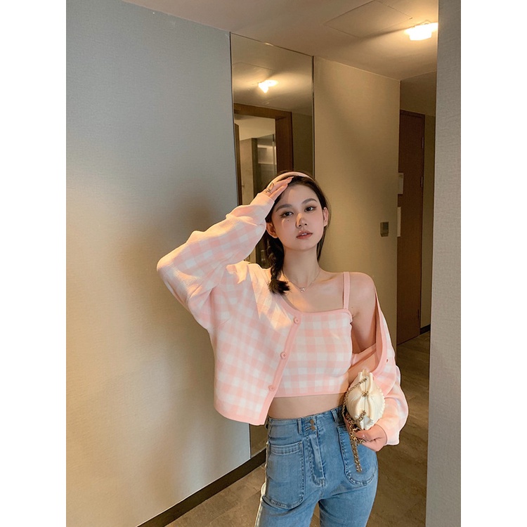 QKOOLE  Bộ áo khoác cardigan + áo ghi lê ngắn quyến rũ cho nữ