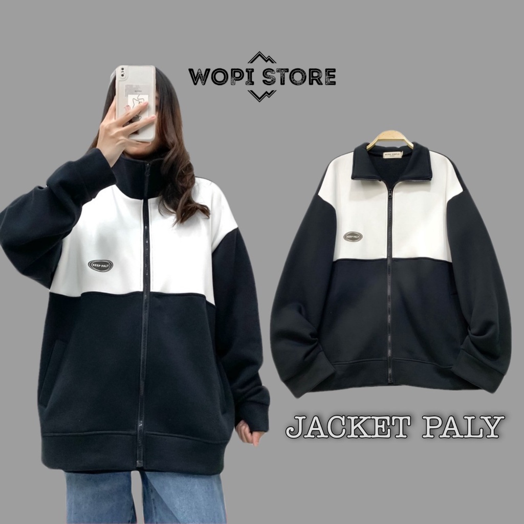 Áo Khoác Jacket PALY Form Rộng Phối Dây Kéo Vải Nỉ Bông Phong Cách Ulzzang Unisex