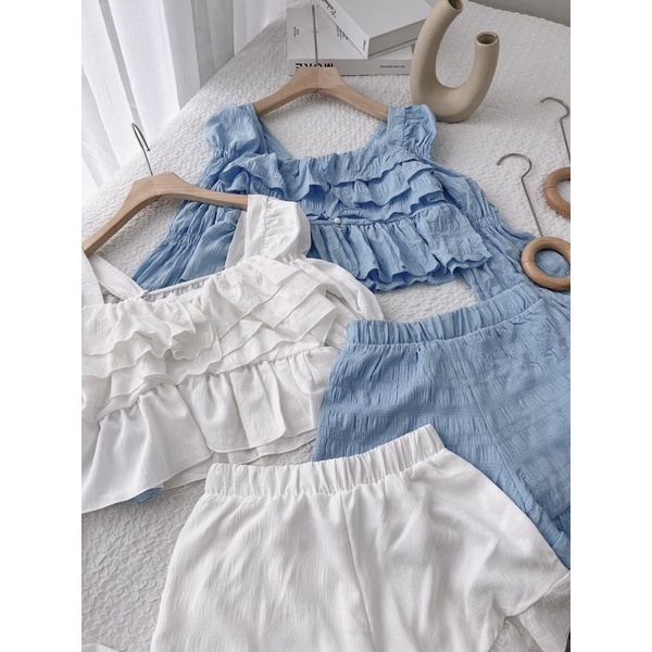SÉT ÁO KIỂU TAY BỒNG NHÚN CROP+SHORT