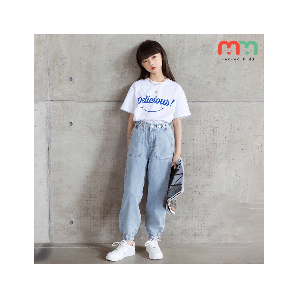 Quần jean jogger bé gái cá tính form chuẩn đẹp cao cấp phía trước khuy cài, khóa kéo phía sau lưng thun cho bé 15kg-46kg