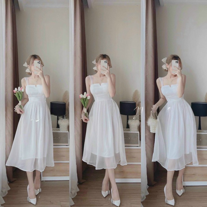 Váy đầm dự tiệc sanh chảnh 2 dây màu trắng dáng dài Linhnastore