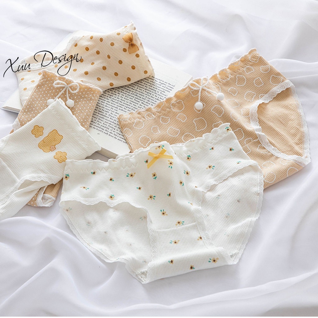 Quần lót nữ cotton họa tiết gấu vàng XUU, thiết kế phối ren nơ QC91