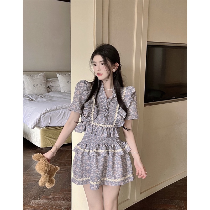 Bộ Áo Sơ Mi Cổ Chữ V Phối Chân Váy Eo Cao In Hoa Kiểu Hàn Quốc Thời Trang Mùa Hè Cho Nữ