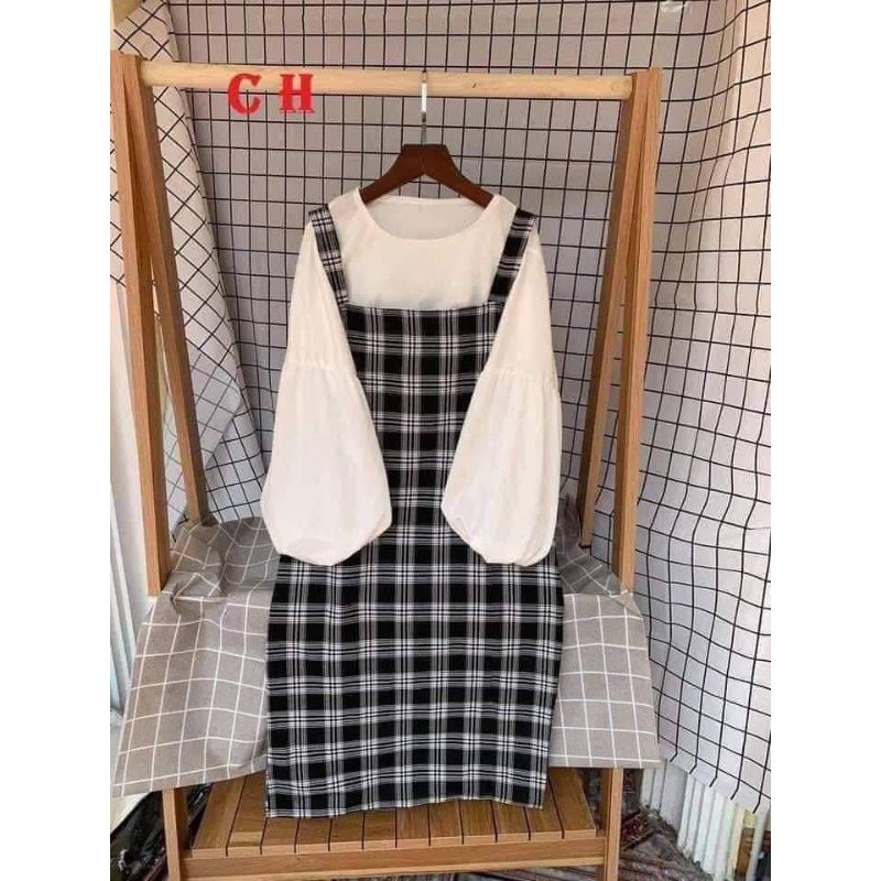 [RẺ VÔ ĐỊCH] Set Váy Yếm Kẻ Caro Dáng Rộng Unisex Thời Trang Hàn Quốc, Váy 2 Món Váy Yếm Babydoll Kèm Áo Thun Siêu Hot