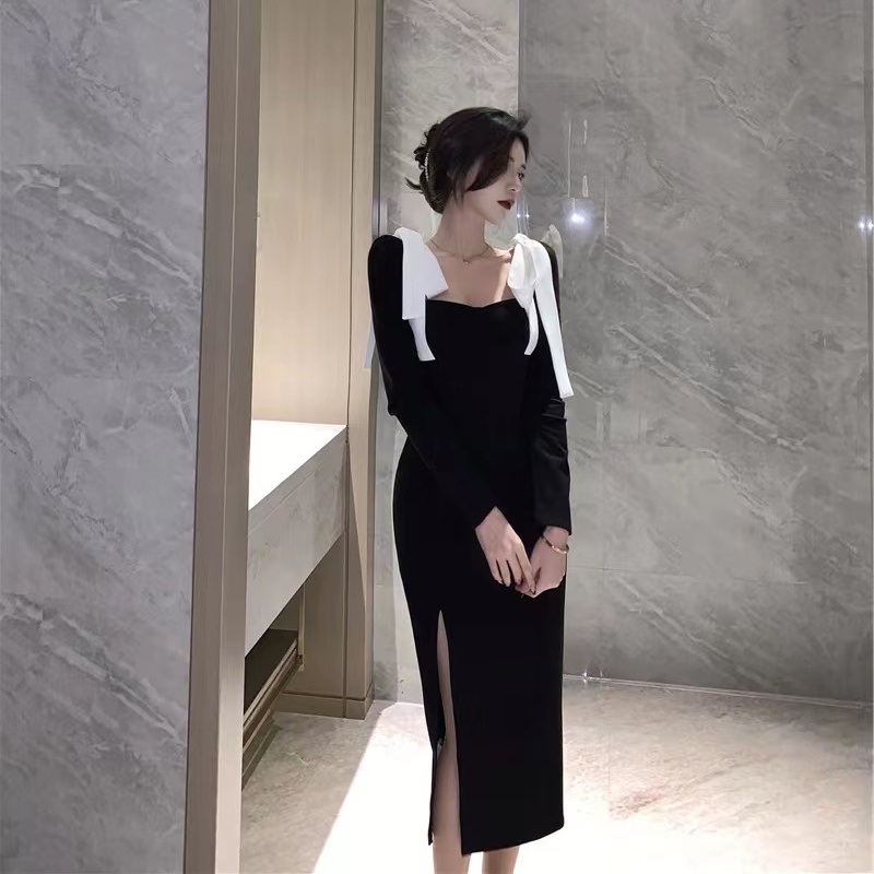 Đầm IELGY ôm dáng xẻ tà màu đen phong cách hepburn cổ điển thời trang dành cho nữ