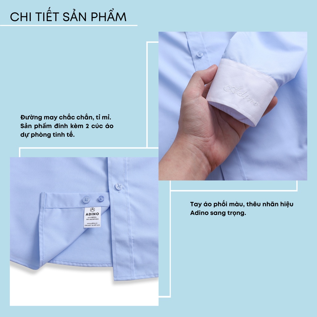 Áo sơ mi nam công sở phối màu cổ áo tay áo màu xanh nhạt ADINO vải nến lụa sợi sồi dáng slimfit hơi ôm trẻ trung SM10