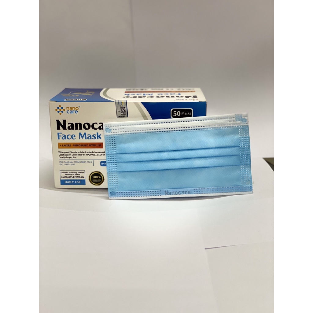 Khẩu trang kháng khuẩn 4 lớp, NanoCare, Màu xanh, Hộp/50 chiếc