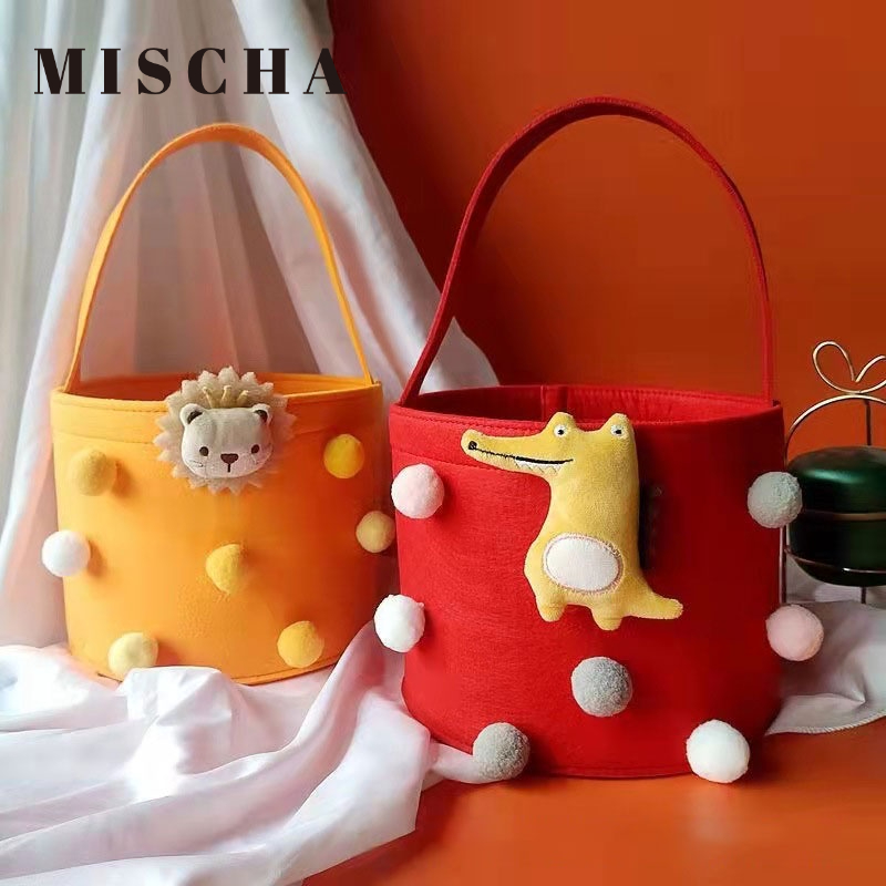 Mischa Túi Xách Vải Nỉ Không Dệt Hình Trụ Họa Tiết Hoạt Hình Phong Cách Trung Hoa