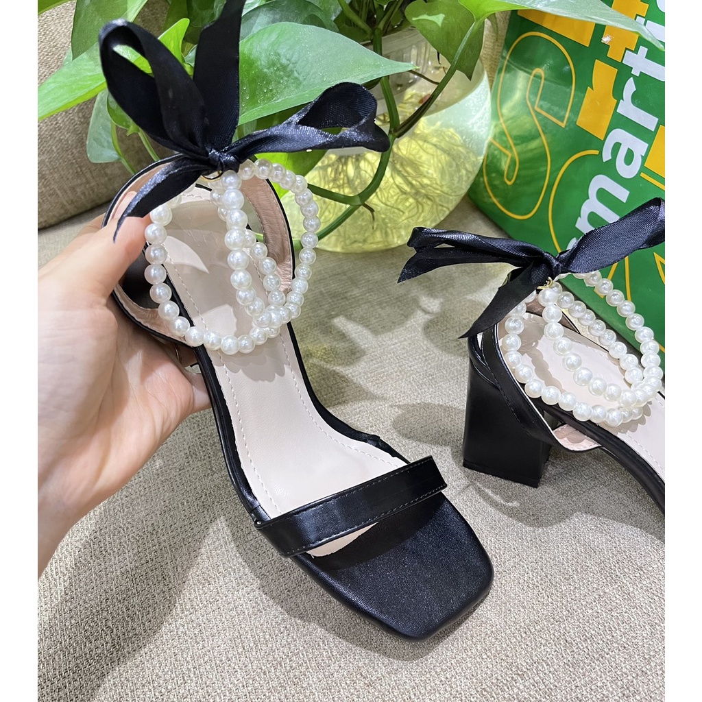 Sandal da mịn quai ngang buộc nơ hạt ngọc cực xinh - 7P