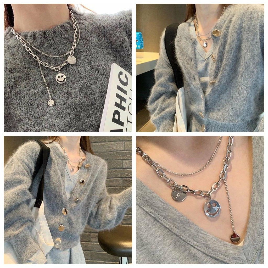 Vòng cổ dây xích MẶT CƯỜI THẢ MIẾNG TRÒN dây chuyền thời trang nam nữ phong cách cá tính