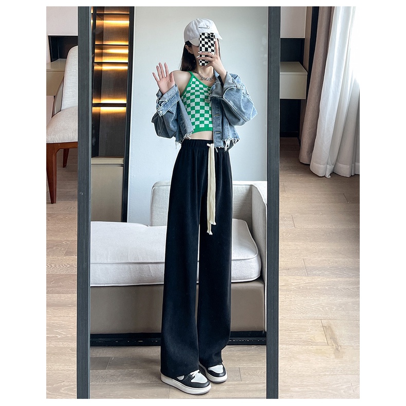 Quần ống rộng Lưng Cao Màu Đen Phong Cách retro Mỹ Thời Trang Cho Nữ