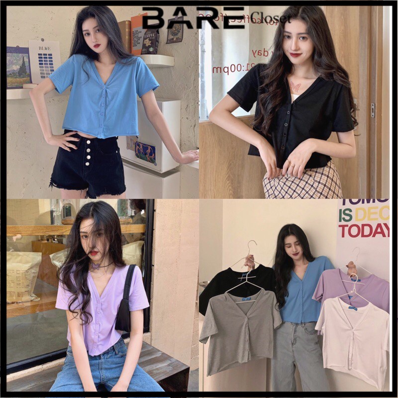 Áo croptop rộng cài nút cổ V có viền ulzzang