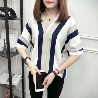Áo Sơ Mi Nữ Cổ Chữ v Dáng Rộng Họa Tiết Kẻ Sọc plus size M-4XL