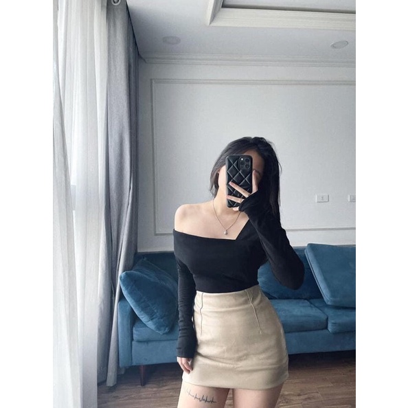 Áo Thun Lệch Vai Dài Tay Cotton Zip 3 Màu -Nhà Cam