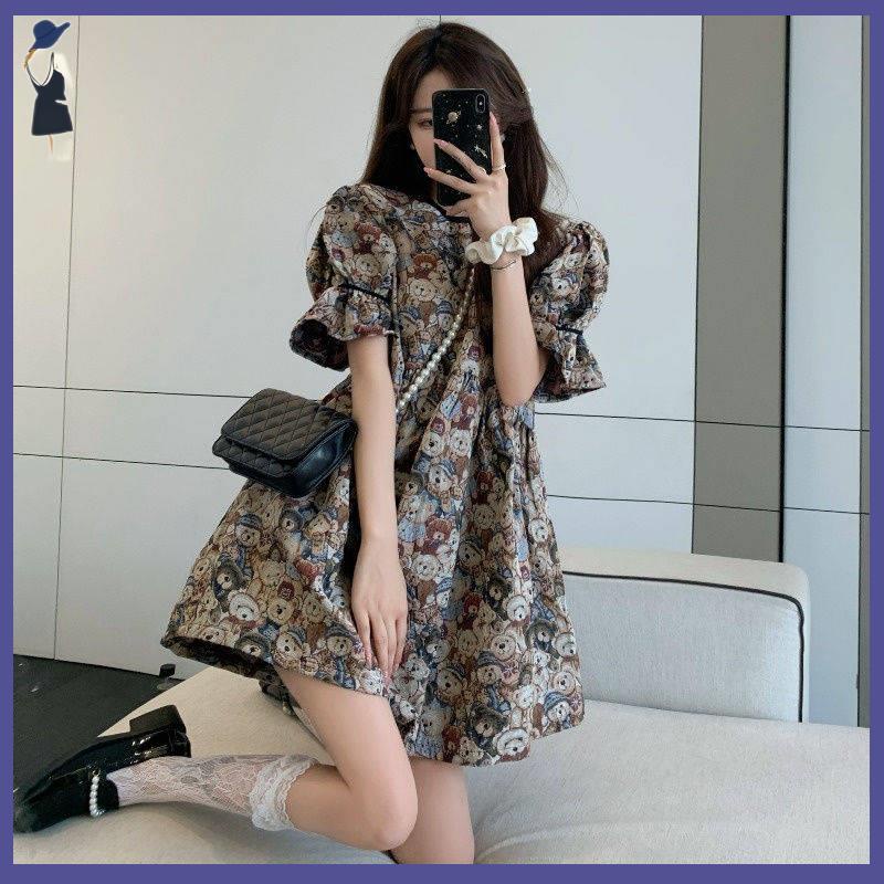 🎀váy babydoll Đầm Tay Phồng Dáng Rộng Họa Tiết Gấu Dễ Thương Thời Trang Mùa Hè 2022