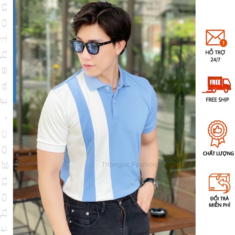 ÁO THUN POLO UNISEX NAM NỮ CHẤT VẢI THUN CÁ SẤU MÀU XANH SỌC KẺ TRẮNG MÃ 11 (ẢNH THẬT)