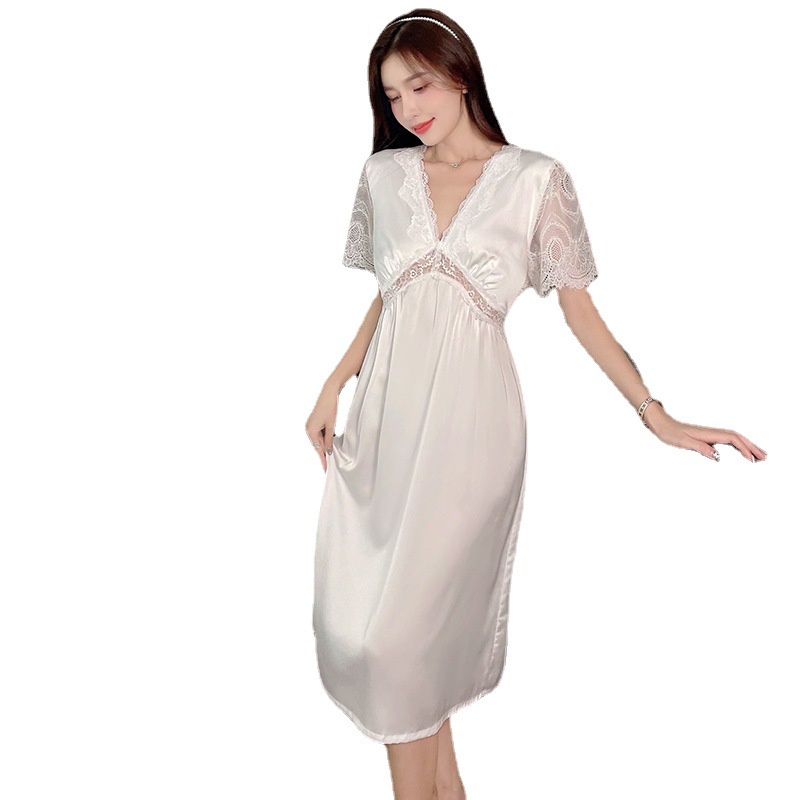 Đầm Ngủ Công Chúa Tay Ngắn Có Mút Đệm Ngực Chất Liệu Lụa Mỏng Phong Cách Hàn Quốc Quyến Rũ Cho Nữ