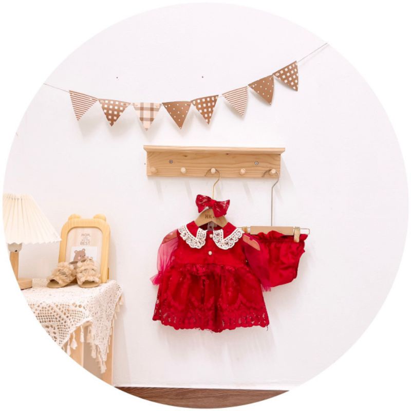 Đầm công chúa bé gái kèm chip đầy tháng thôi nôi tiểu thư ren mềm 5-12kg