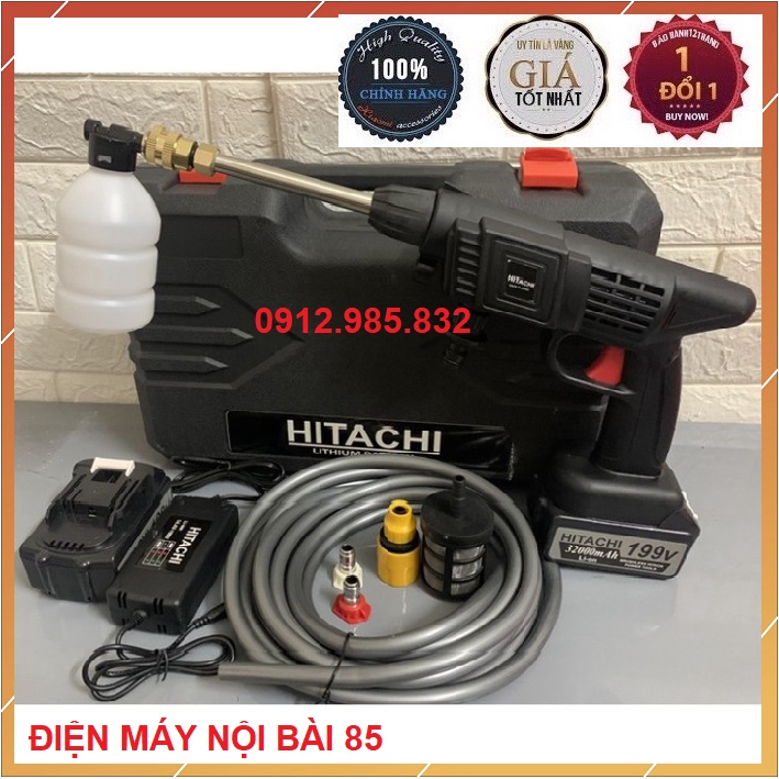 Máy rửa xe dùng pin mini, Máy xịt rửa tăng áp Hitachi 199V áp lực cao 1400W [Tặng bình tạo bọt (bảo hành 12 tháng)