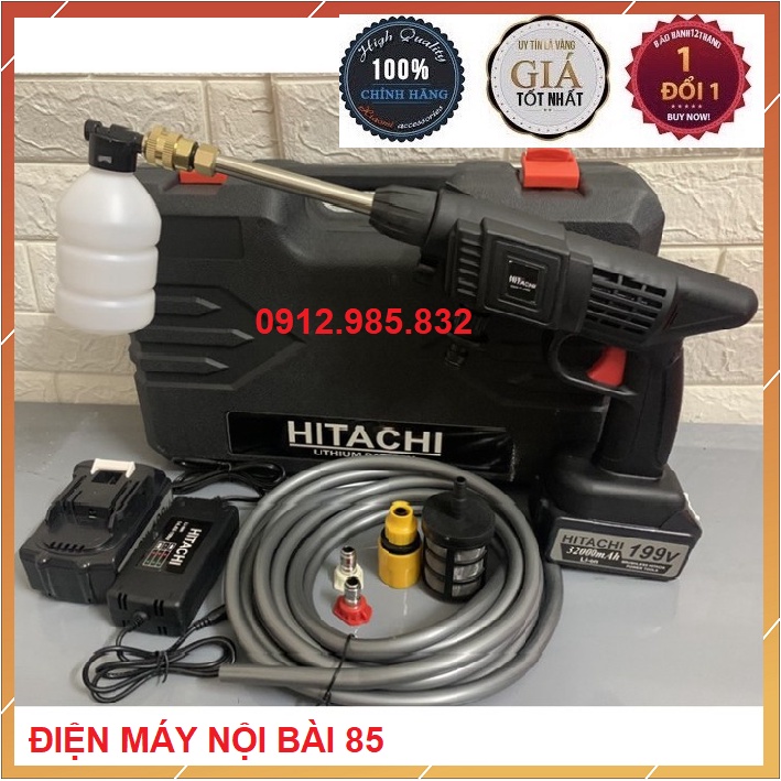 Máy rửa xe dùng pin mini, Máy xịt rửa tăng áp Hitachi 199V áp lực cao 1400W dụng cụ rửa gia định nhỏ  [Tặng bình tạo bọt