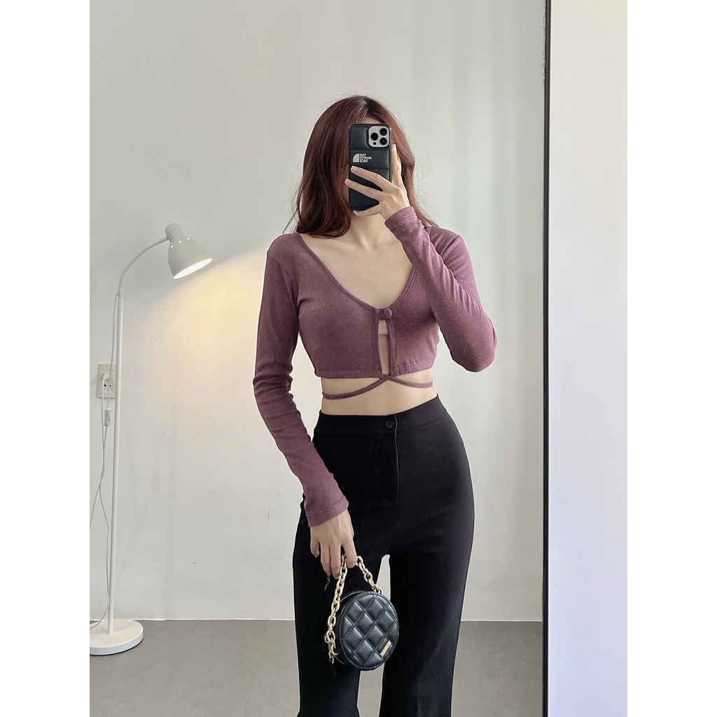 Áo croptop nữ tay dài HHVINTAGE kiểu cổ tim thắt eo thun gân co giãn A05
