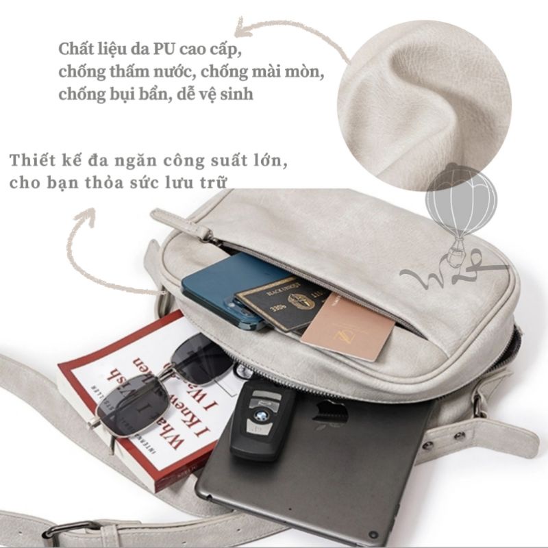 Túi đeo chéo màu xám W2P 4068 da Pu cao cấp chống thấm nước chống mài mòn thời trang cá tính tiktok ulzzang
