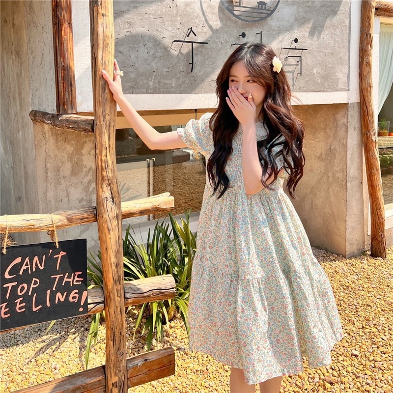 ĐẦM BBD HOA CỔ SEN TRẮNG NGỰC XẾP LY