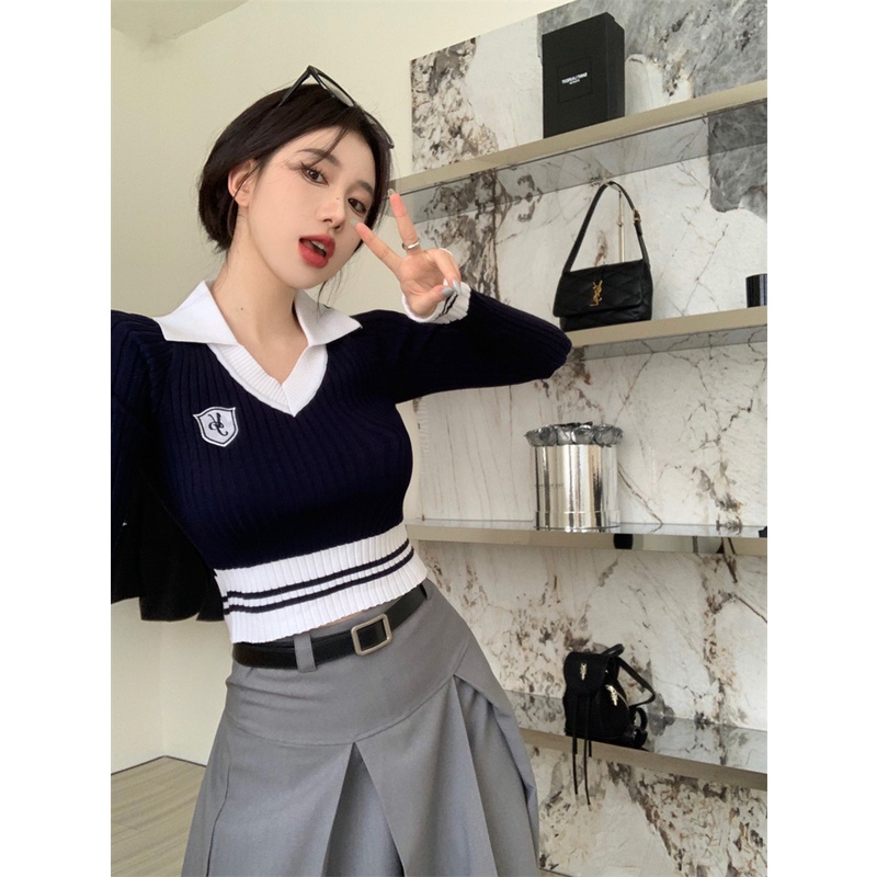 HUANG YOYO Áo sweater Dệt Kim Tay Dài Cổ Chữ v Thời Trang Mùa Thu Phong Cách Hàn Quốc Dành Cho Nữ croptop