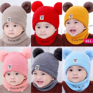 Set mũ tặng kèm khăn ống cục bông hàng xịn cho bé gái bé trai 0-24 tháng