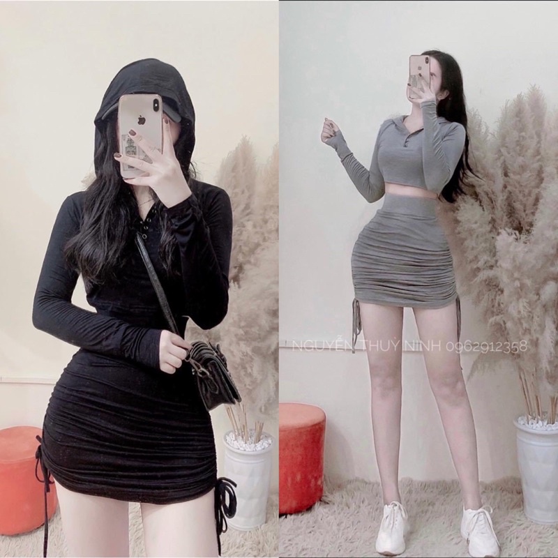 Set thun áo crop nón cài nút + chân váy rút dây