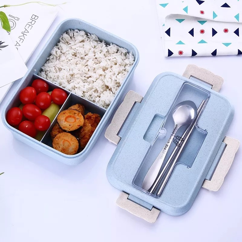 Hộp Đựng Cơm Giữ Nhiệt Ăn Trưa Văn Phòng 3 Ngăn - Nhựa/Lúa Mạch - Kèm Thìa Dĩa