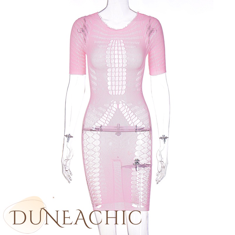 DUNEA Đầm Tay Ngắn Cổ Tròn Phối Lưới Quyến Rũ Thời Trang Dành Cho Nữ